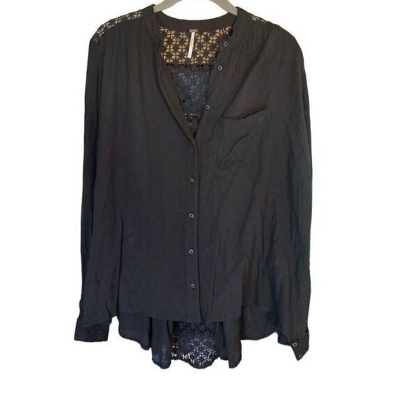 Free people, long sleeve, black crocheted button up BoHo blouse S/SM - Picture 1 of 5